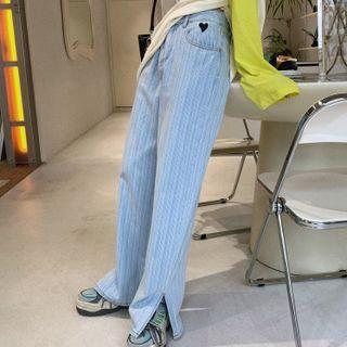High Waist Heart Embroidered Slit-hem Straight Leg Jeans