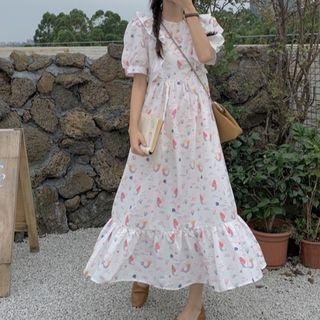Puff-sleeve Floral Print Maxi A-line Dress Pink & Yellow Floral - White - One Size
