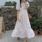 Puff-sleeve Floral Print Maxi A-line Dress Pink & Yellow Floral - White - One Size