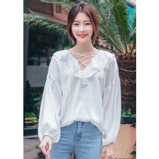 Lace-up Ruffled V-neck Top