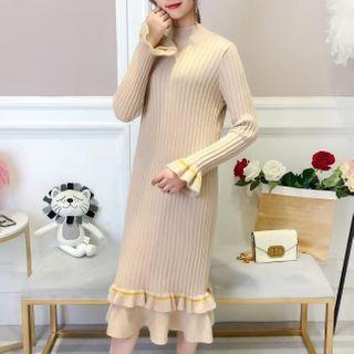Mock-turtleneck Ruffle Hem Midi Rib Knit Dress