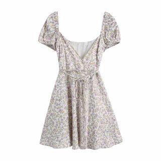 V-neck Puff-sleeve Floral-print A-line Mini Dress