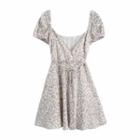 V-neck Puff-sleeve Floral-print A-line Mini Dress