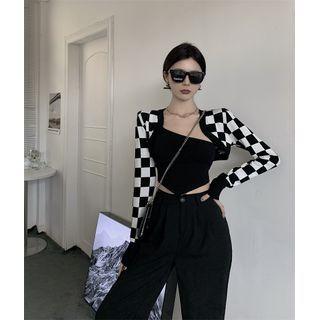 Asymmetrical Buckled Camisole Top / Checker Print Crop Cardigan