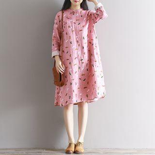 Leaf Print Long Sleeve Mandarin Collar Dress