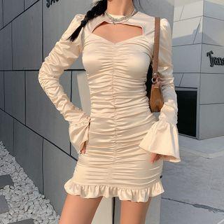 Flared-cuff Cutout Shirred A-line Dress