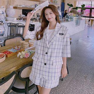 Set: 3/4 Sleeve Plaid Two Button Blazer + Drawstring Waist Shorts