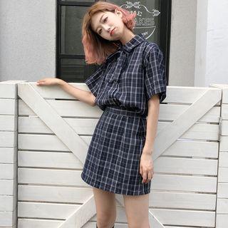 Set: Plaid Short-sleeve Shirt + High-waist A-line Skirt As Shown In Figure - One Size