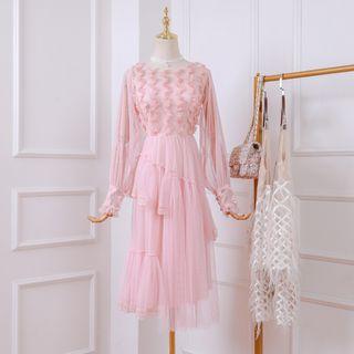 Lace Panel Long-sleeve Tiered Party Dress
