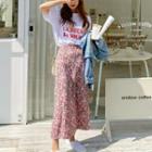 Floral Print Midi A-line Skirt / Short-sleeve Lettering T-shirt