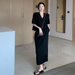 Set: Short-sleeve Button-up Blouse + Midi Pencil Skirt