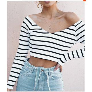 Striped V-neck Long-sleeve Crop Top