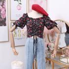 Printed Flower Lace Up Chiffon Top