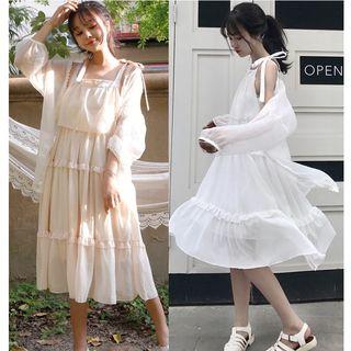 Lace Trim Open-front Jacket / Plain Midi Spaghetti Strap Dress
