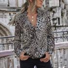 Long-sleeve Leopard Print V-neck Blouse