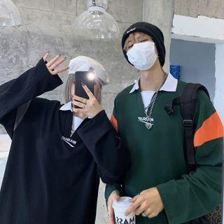 Couple Matching Long-sleeve Collared Color Block T-shirt