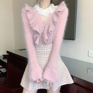 Ruffled Knit Top / Mock-turtleneck Long-sleeve Mesh Top / Gingham A-line Skirt