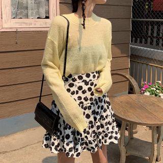 Crew-neck Long-sleeve Knit Top / Flower Print A-line Skirt