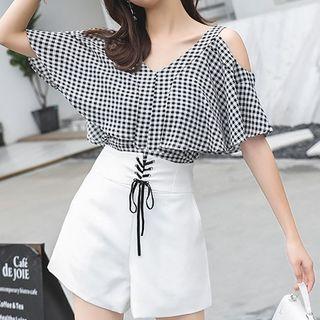 Set: Checked Cold Shoulder Short-sleeve Top + High Waist Wide-leg Shorts