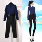 Long-sleeve Tie Accent Plain Top + High-waist Plain Dress Pants