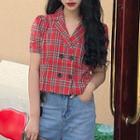 Color-block Double-breasted Short-sleeve Blouse Red - One Size