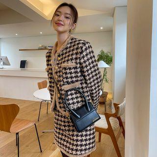 Set: Faux-fur Houndstooth Jacket + Miniskirt
