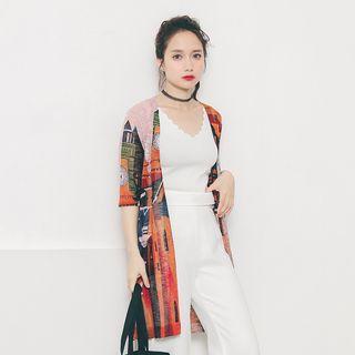 Elbow-sleeve Patterned Long Cardigan