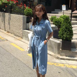 Flap-pocket Drawstring-waist Denim Shirtdress