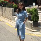 Flap-pocket Drawstring-waist Denim Shirtdress