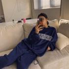 Letter-printed Cord-hem Coral-fleece Pullover