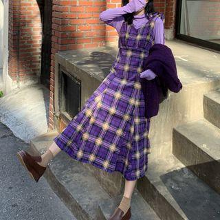 Turtleneck Long-sleeve Top / Plaid Sleeveless Midi A-line Dress