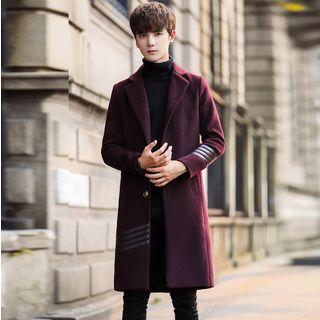 Faux Leather Applique Notch Lapel Long Woolen Coat