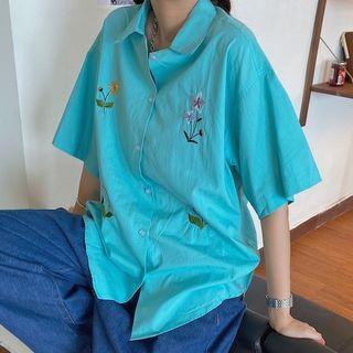Elbow-sleeve Floral Embroidered Shirt Aqua Green - One Size