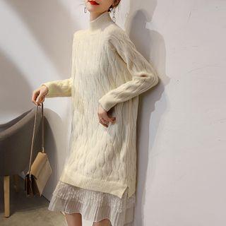 Mock-turtleneck Lace Panel Sweater Dress