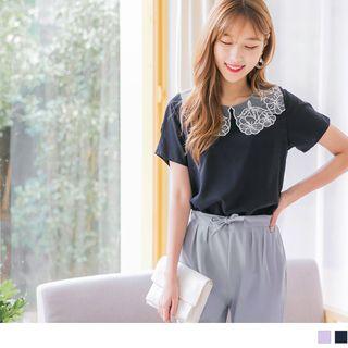 Short Sleeve Lace Collar Chiffon Top