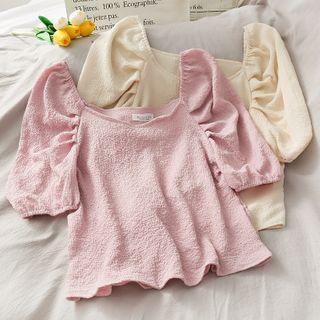 Embossed Puff-sleeve Plain Top