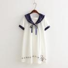 Bear Embroidered Short Sleeve Sailor Collar Dress