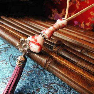 Ceramic Bead Tassel Necklace Hand Fan & Bones - One Size