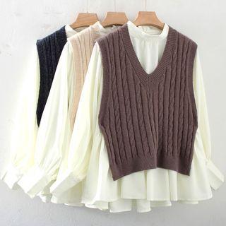 Mock Two Piece Long-sleeve Knit Panel Blouse