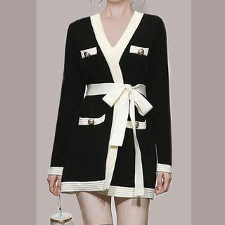 Two-tone Knit Dress With Sash Black - One Size