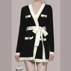 Two-tone Knit Dress With Sash Black - One Size