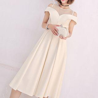 Mesh Panel Short Sleeve Midi A-line Dress
