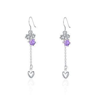 Simple Heart Earrings With Purple Austrian Element Crystal Silver - One Size