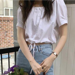 Plain Drawstring Puff Short Sleeve Crop Top White - One Size