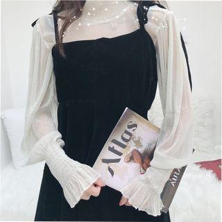Set: Mock Turtleneck Long-sleeve Mesh Top + Tie-strap Mini A-line Dress Set Of 2 - One Size