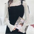 Set: Mock Turtleneck Long-sleeve Mesh Top + Tie-strap Mini A-line Dress Set Of 2 - One Size