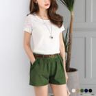 Leather Belted Crochet Trim Pleated Shorts