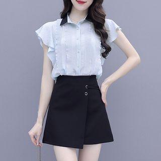 Set: Cap-sleeve Frill Trim Chiffon Blouse + High-waist Skort