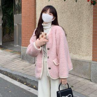 V-neck Color Block Furry Long-sleeve Jacket Pink - One Size