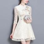 Elbow-sleeve Floral Embroidery Lace Qipao Mini Dress